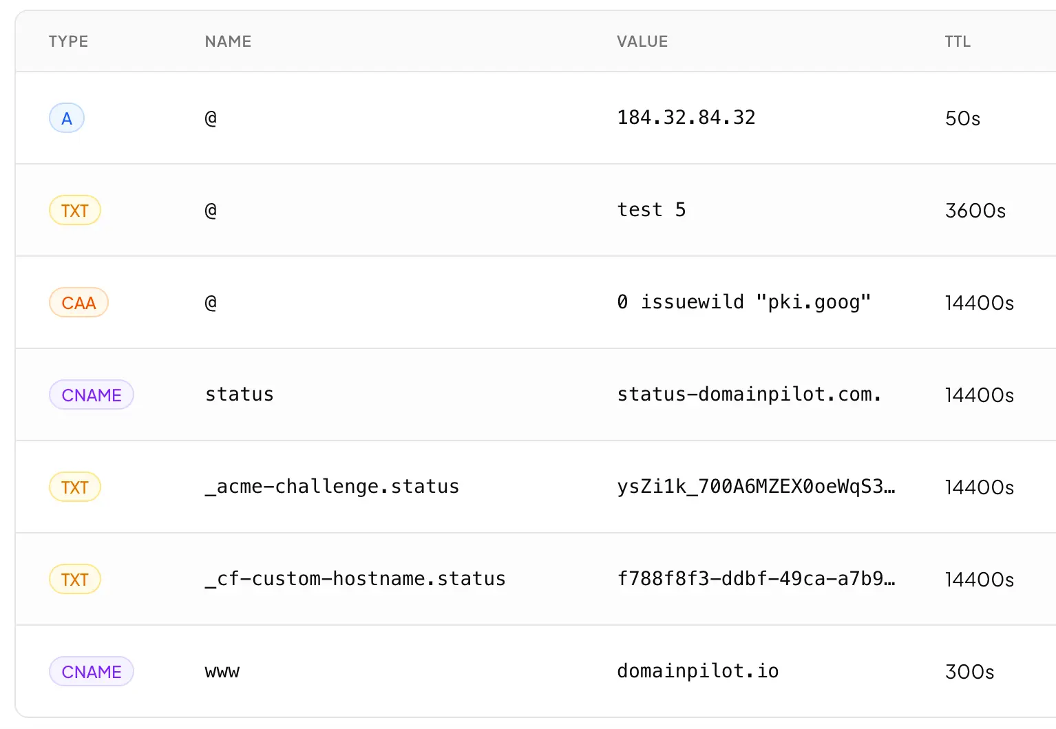 DNS Records management interface showing A, TXT, CAA, and CNAME records